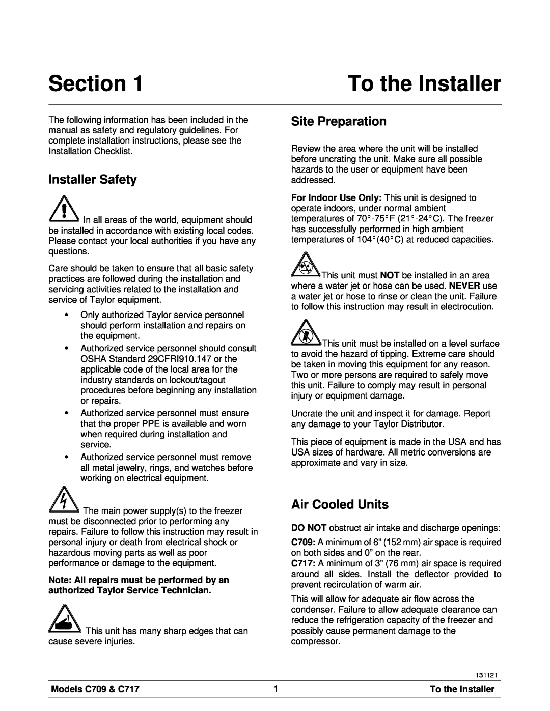 Taylor manual Section, Installer Safety, Site Preparation, Air Cooled Units, To the Installer, Models C709 & C717 