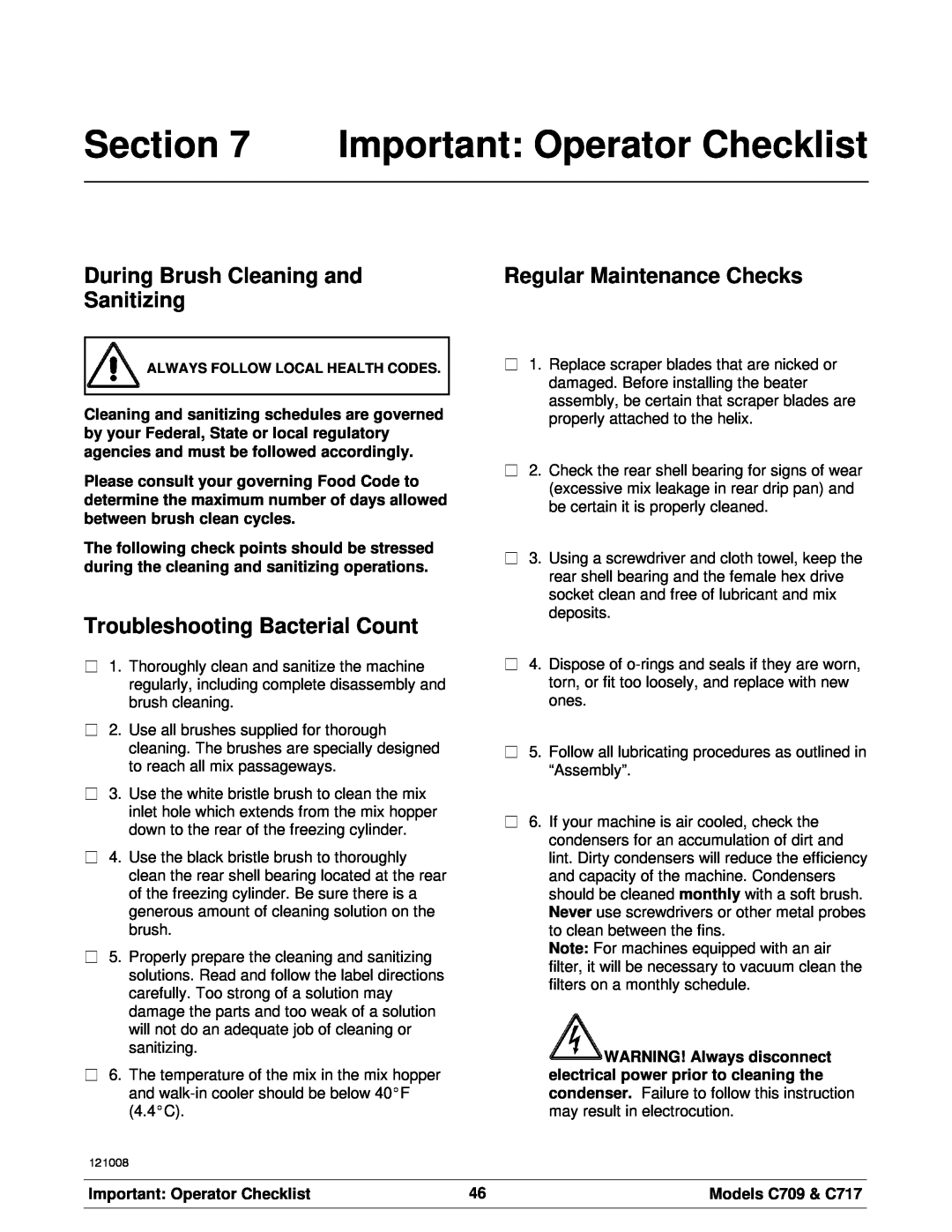Taylor C709, C717 manual Important Operator Checklist, During Brush Cleaning and Sanitizing, Troubleshooting Bacterial Count 