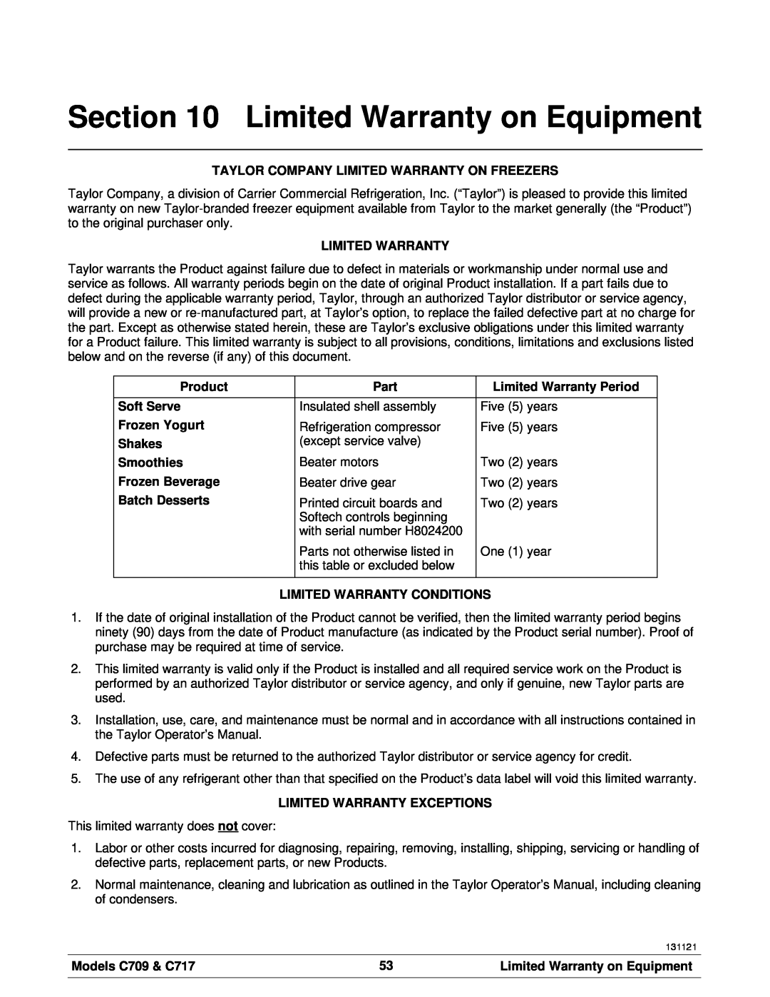Taylor C717 Limited Warranty on Equipment, Taylor Company Limited Warranty On Freezers, Product, Part, Soft Serve, Shakes 