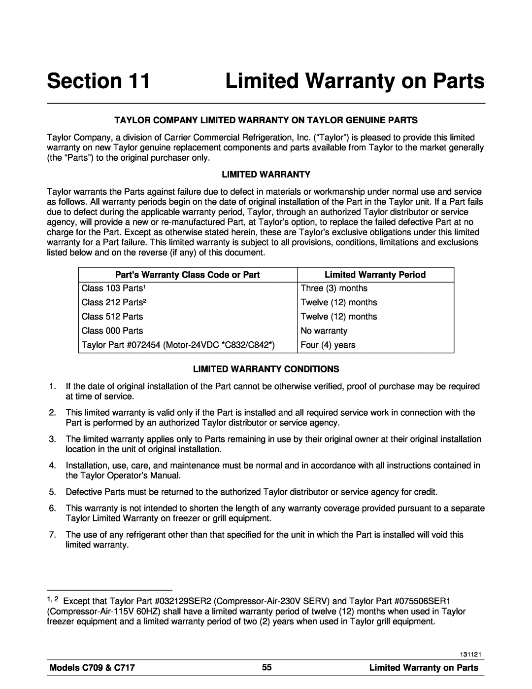 Taylor C717 Limited Warranty on Parts, Taylor Company Limited Warranty On Taylor Genuine Parts, Limited Warranty Period 