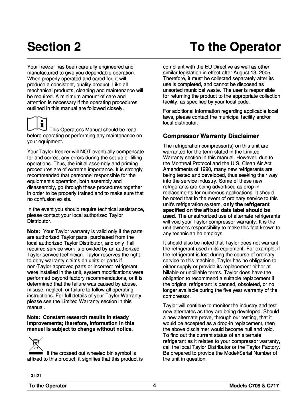 Taylor manual To the Operator, Section, Compressor Warranty Disclaimer, Models C709 & C717 