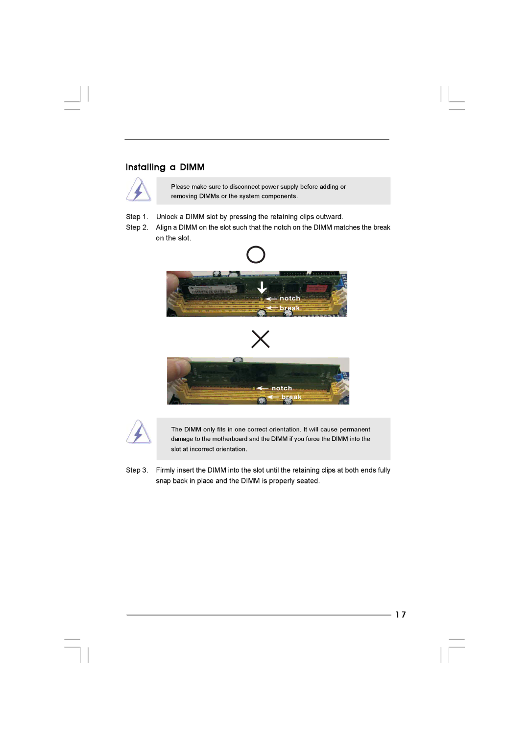 Taylor CONROE1333-DVI/H user manual Installing a Dimm, Notch break 