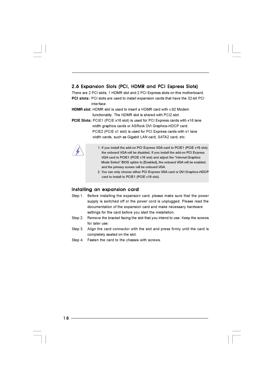 Taylor CONROE1333-DVI/H user manual Expansion Slots PCI, Hdmr and PCI Express Slots, Installing an expansion card 