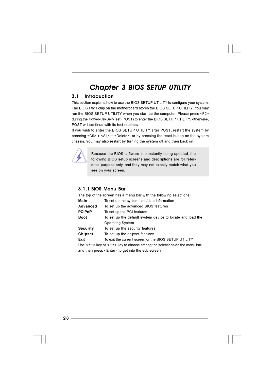 Taylor CONROE1333-DVI/H user manual Bios Menu Bar 