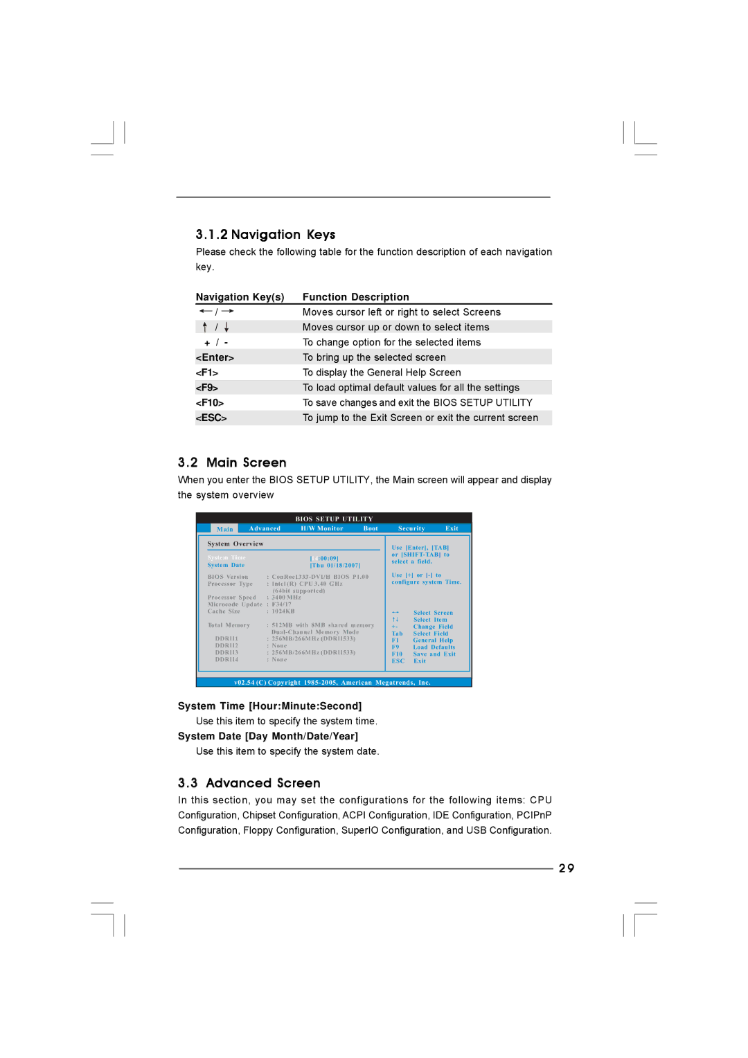 Taylor CONROE1333-DVI/H user manual Navigation Keys, Main Screen, Advanced Screen 