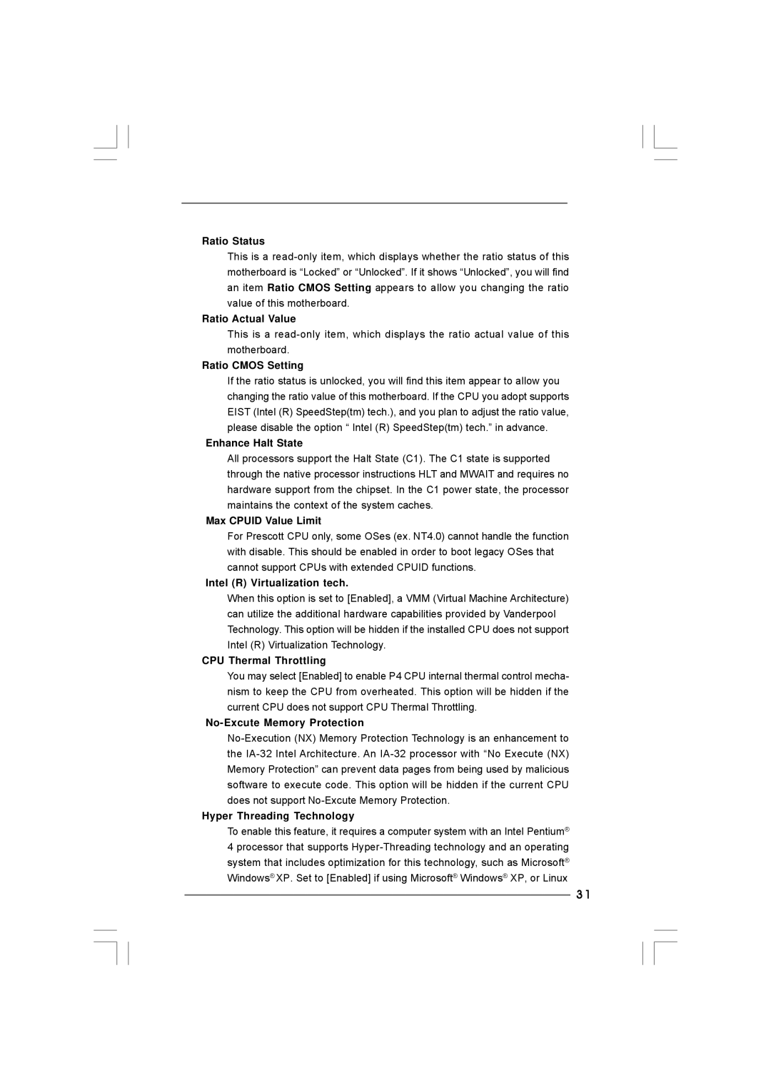 Taylor CONROE1333-DVI/H Ratio Status, Ratio Actual Value, Ratio Cmos Setting, Enhance Halt State, Max Cpuid Value Limit 