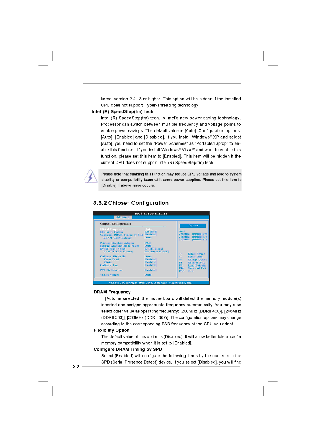 Taylor CONROE1333-DVI/H user manual Chipset Configuration, Intel R SpeedSteptm tech, Dram Frequency, Flexibility Option 