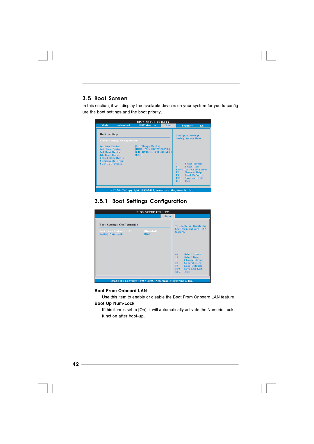 Taylor CONROE1333-DVI/H user manual Boot Screen, Boot Settings Configuration, Boot From Onboard LAN, Boot Up Num-Lock 