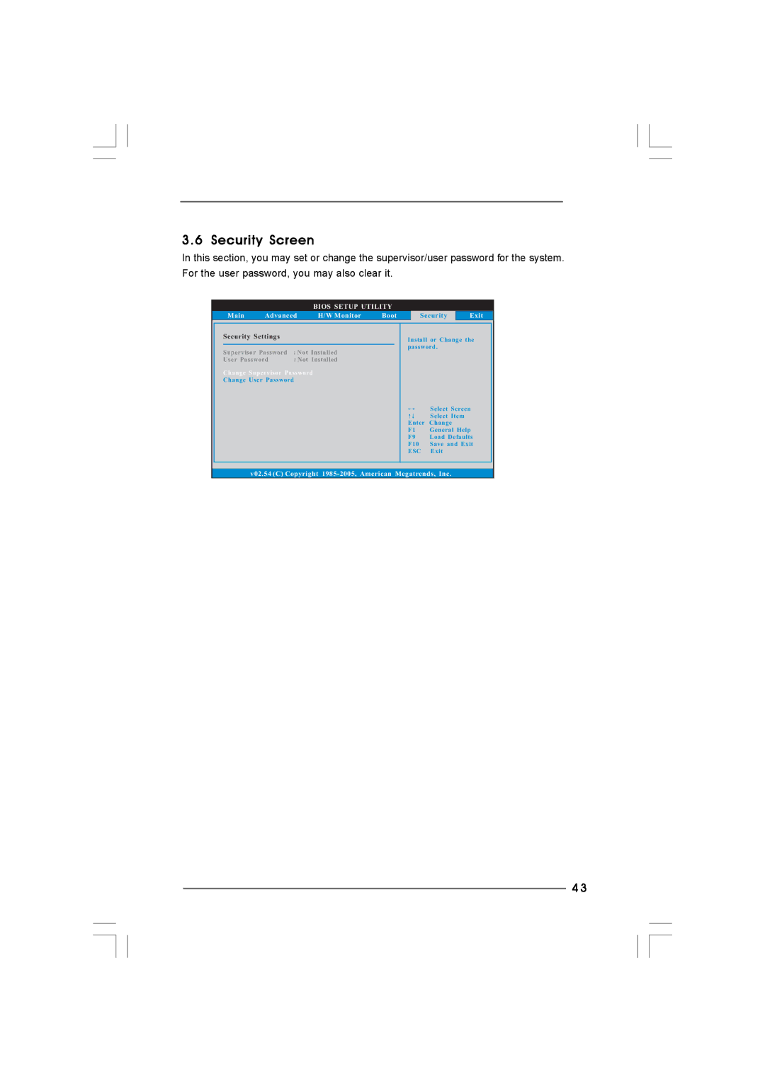 Taylor CONROE1333-DVI/H user manual Security Screen, Main Advanced Monitor Boot, Change Supervisor Password 