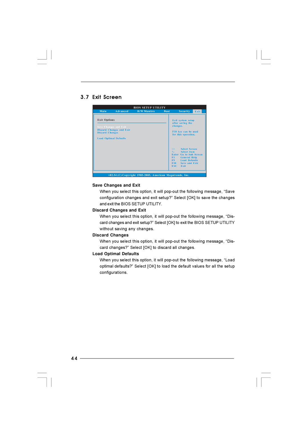 Taylor CONROE1333-DVI/H user manual Exit Screen, Save Changes and Exit, Discard Changes and Exit, Load Optimal Defaults 