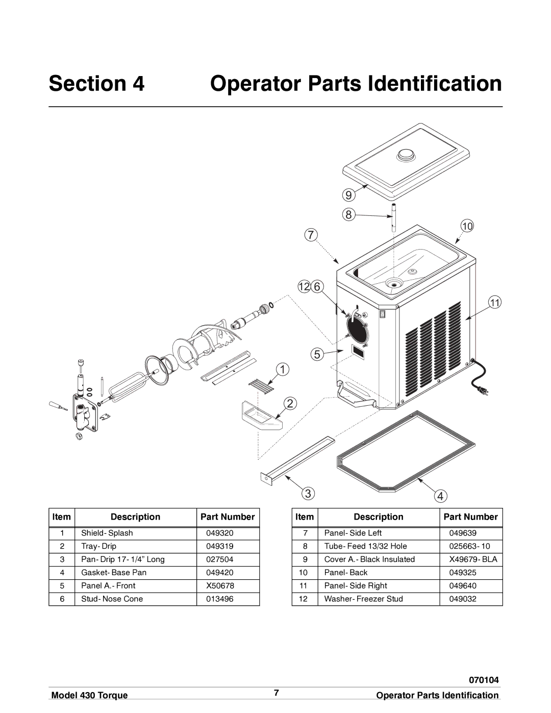 Taylor model 430 torque shake/slush freezer Operator Parts Identification, Description Part Number, 070104 