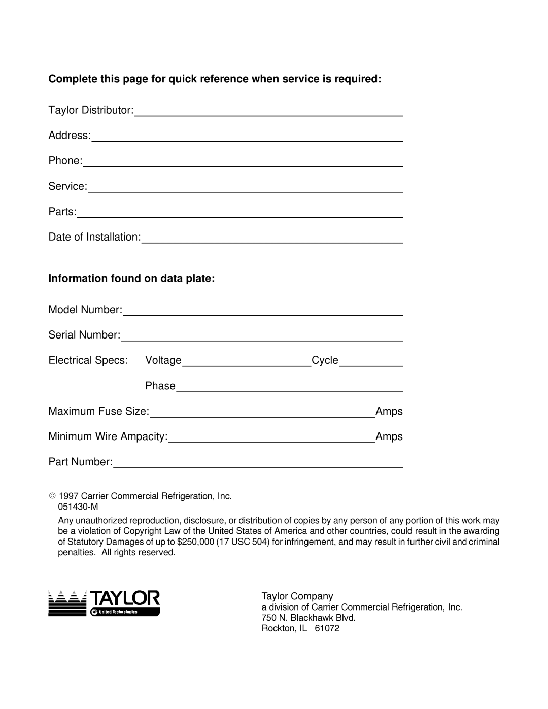 Taylor model 430 torque shake/slush freezer operating instructions Information found on data plate 