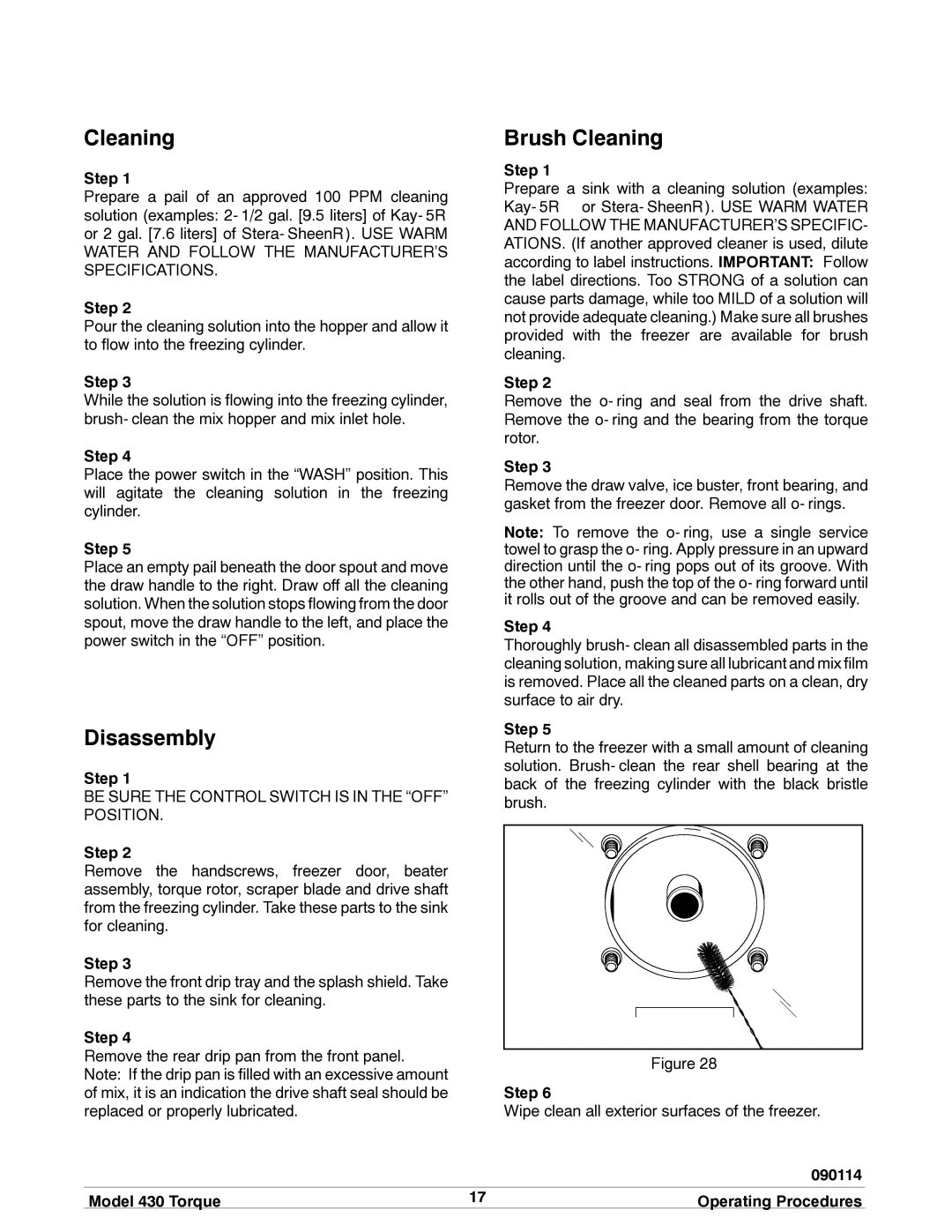 Taylor model 430 torque shake/slush freezer Disassembly, Brush Cleaning, Model 430 Torque Operating Procedures 