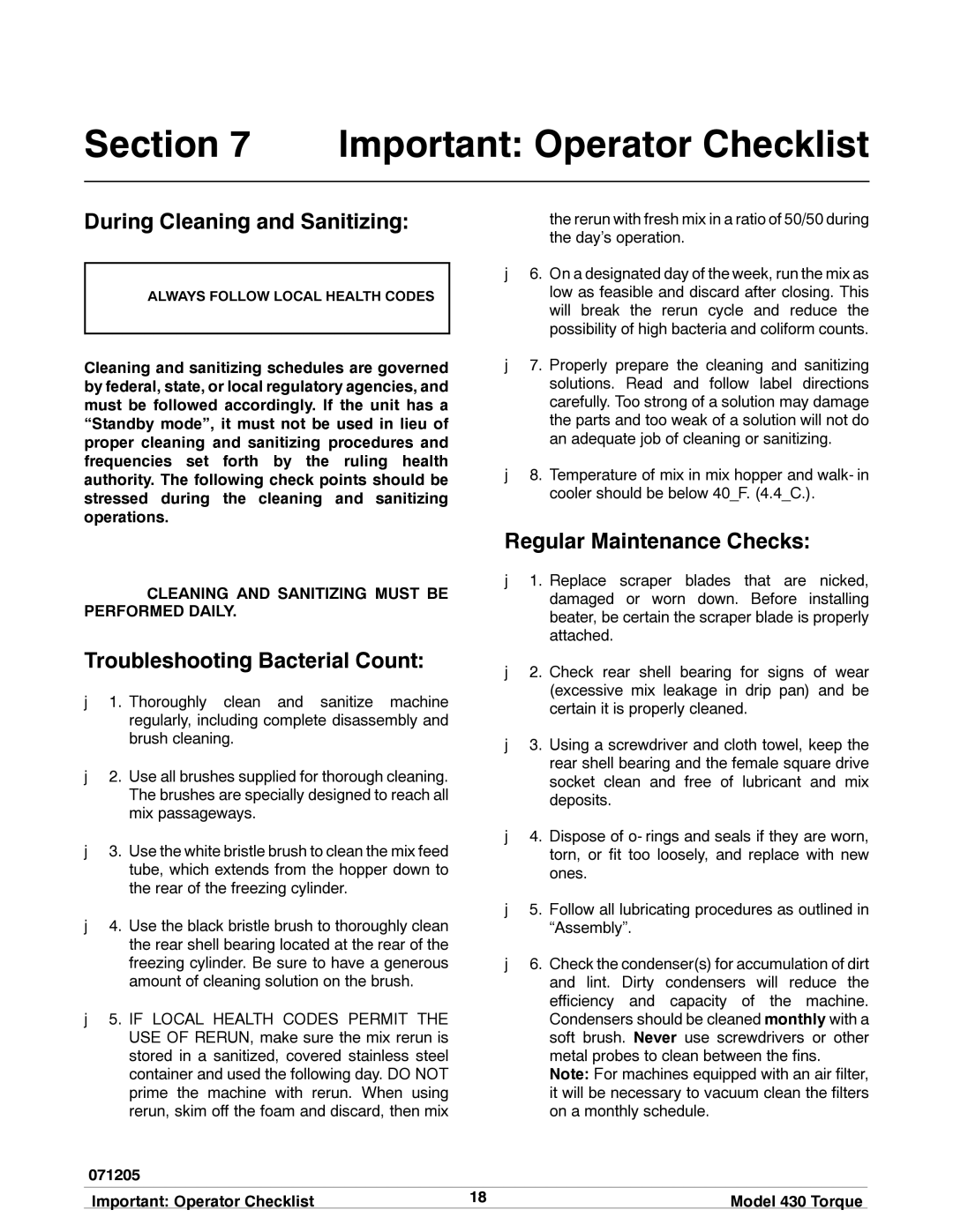 Taylor model 430 torque shake/slush freezer Important Operator Checklist, During Cleaning and Sanitizing 