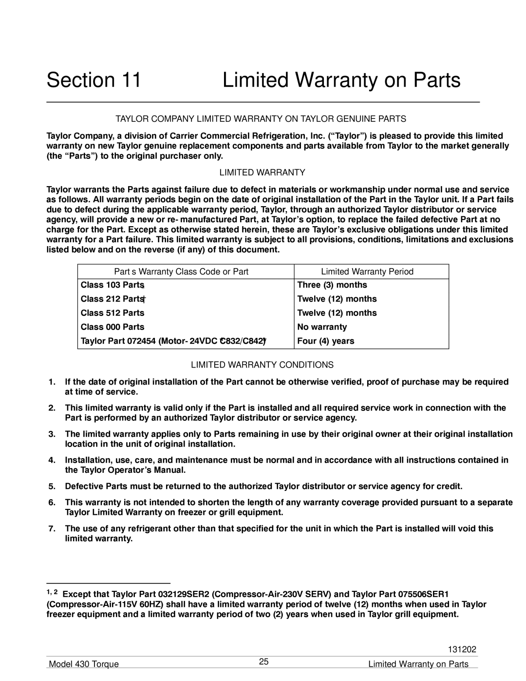 Taylor model 430 torque shake/slush freezer Part’s Warranty Class Code or Part Limited Warranty Period 