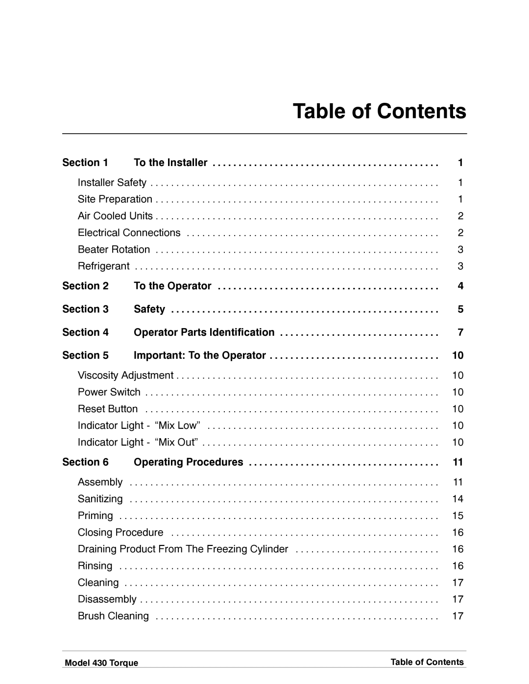 Taylor model 430 torque shake/slush freezer operating instructions Table of Contents 