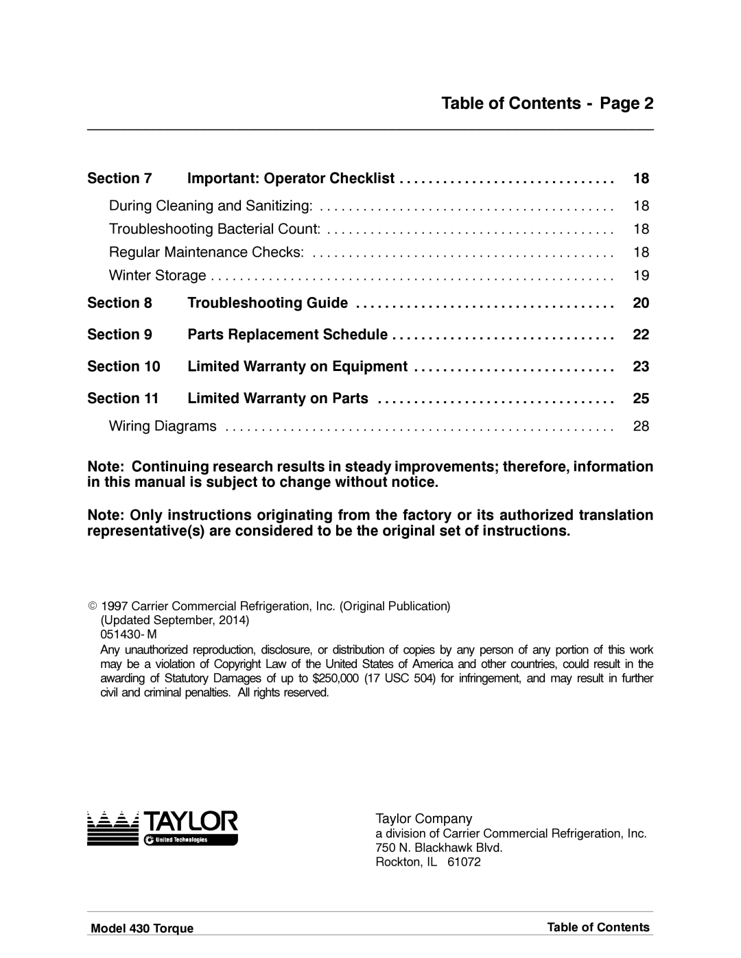 Taylor model 430 torque shake/slush freezer operating instructions Table of Contents 