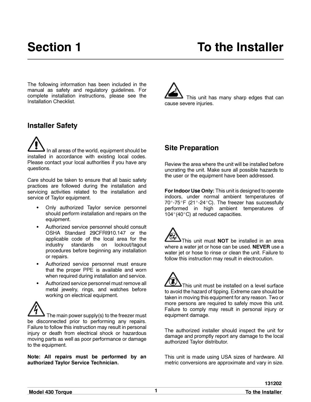 Taylor model 430 torque shake/slush freezer operating instructions Section, Installer Safety, Site Preparation, 131202 