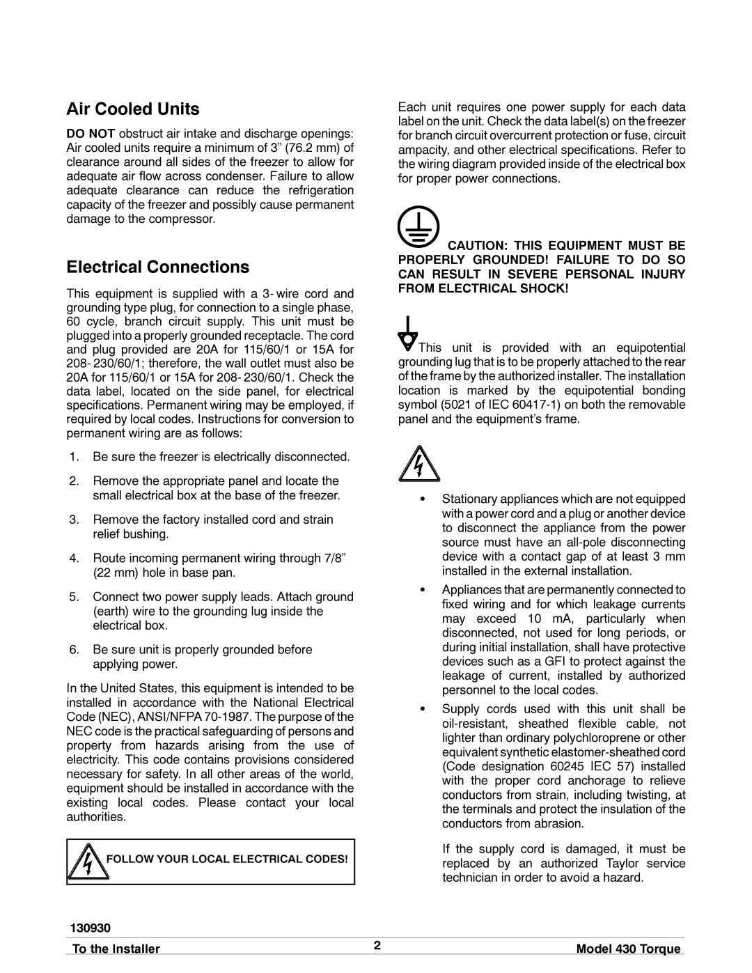 Taylor model 430 torque shake/slush freezer operating instructions Air Cooled Units, Electrical Connections, 130930 