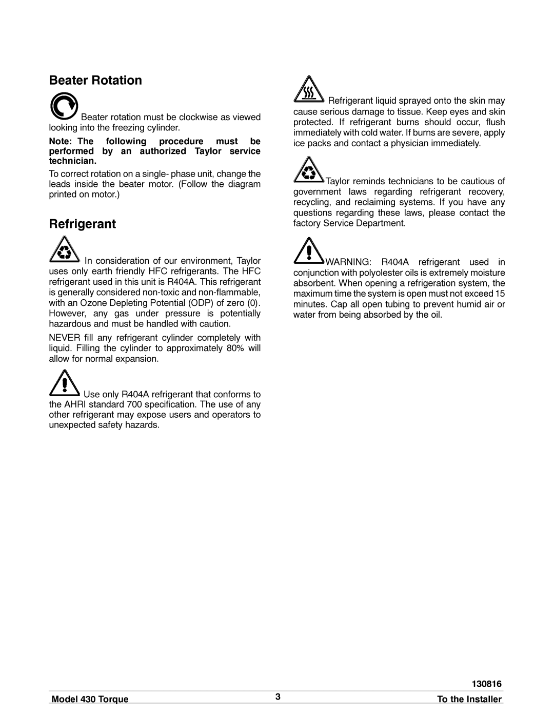 Taylor model 430 torque shake/slush freezer operating instructions Beater Rotation, Refrigerant, 130816 