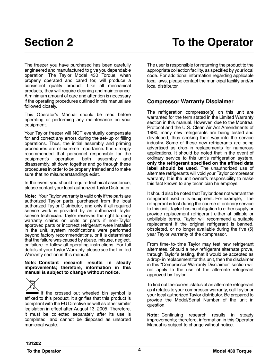 Taylor model 430 torque shake/slush freezer operating instructions To the Operator Model 430 Torque 