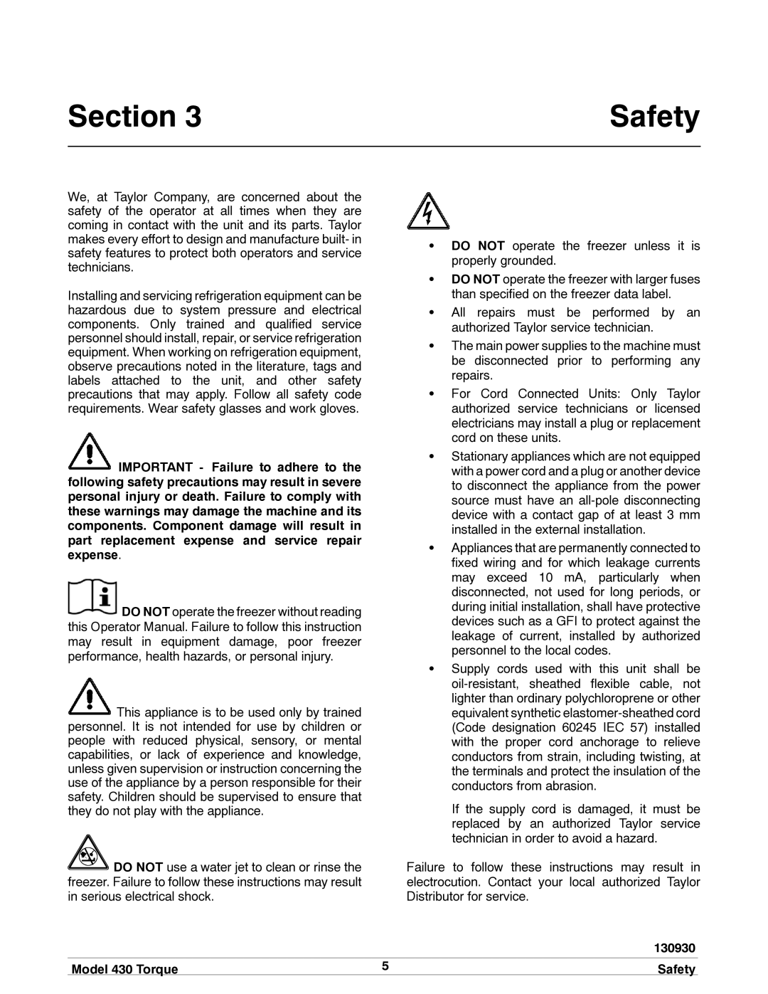 Taylor model 430 torque shake/slush freezer operating instructions Section Safety, Model 430 Torque Safety 