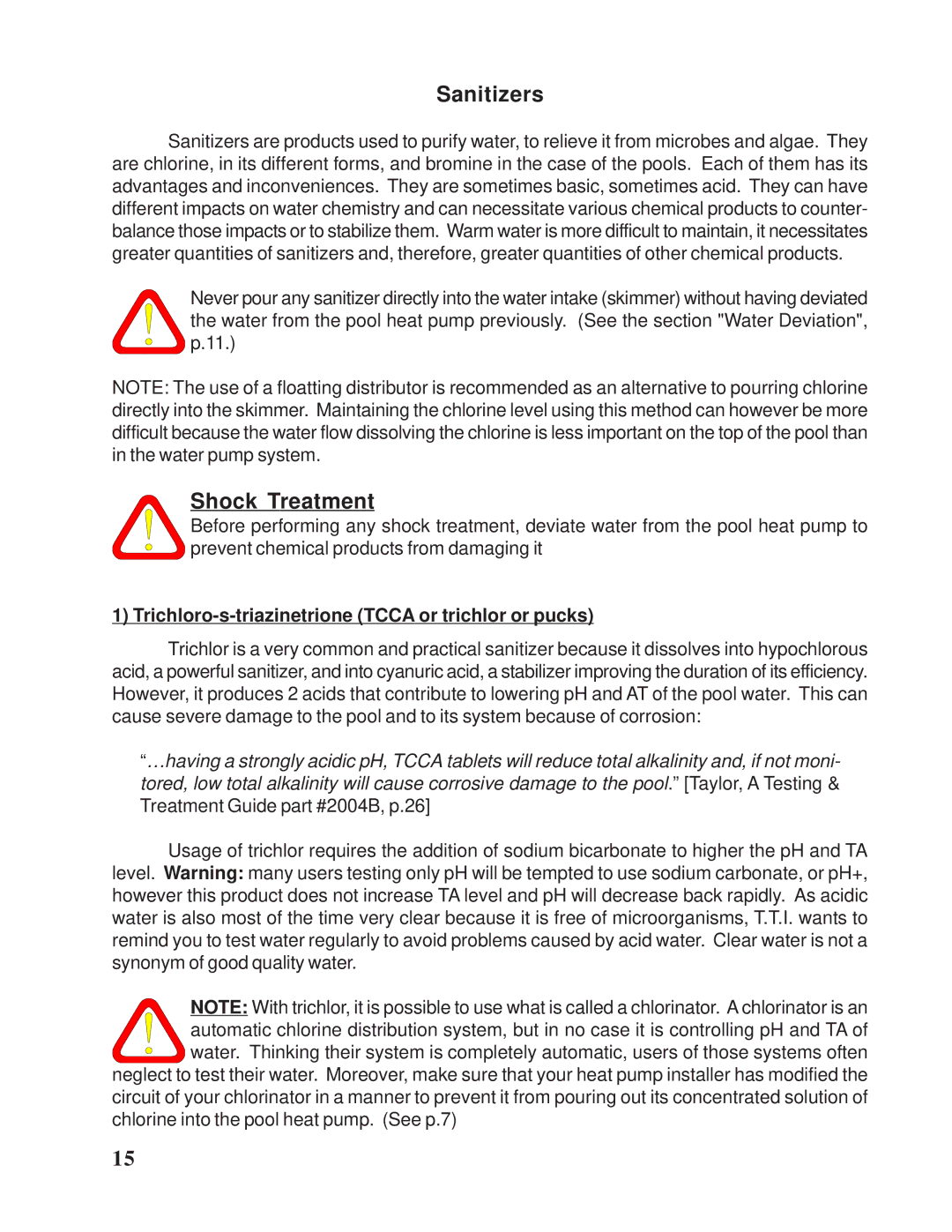 Taylor Pool Heat Pump owner manual Sanitizers, Shock Treatment 