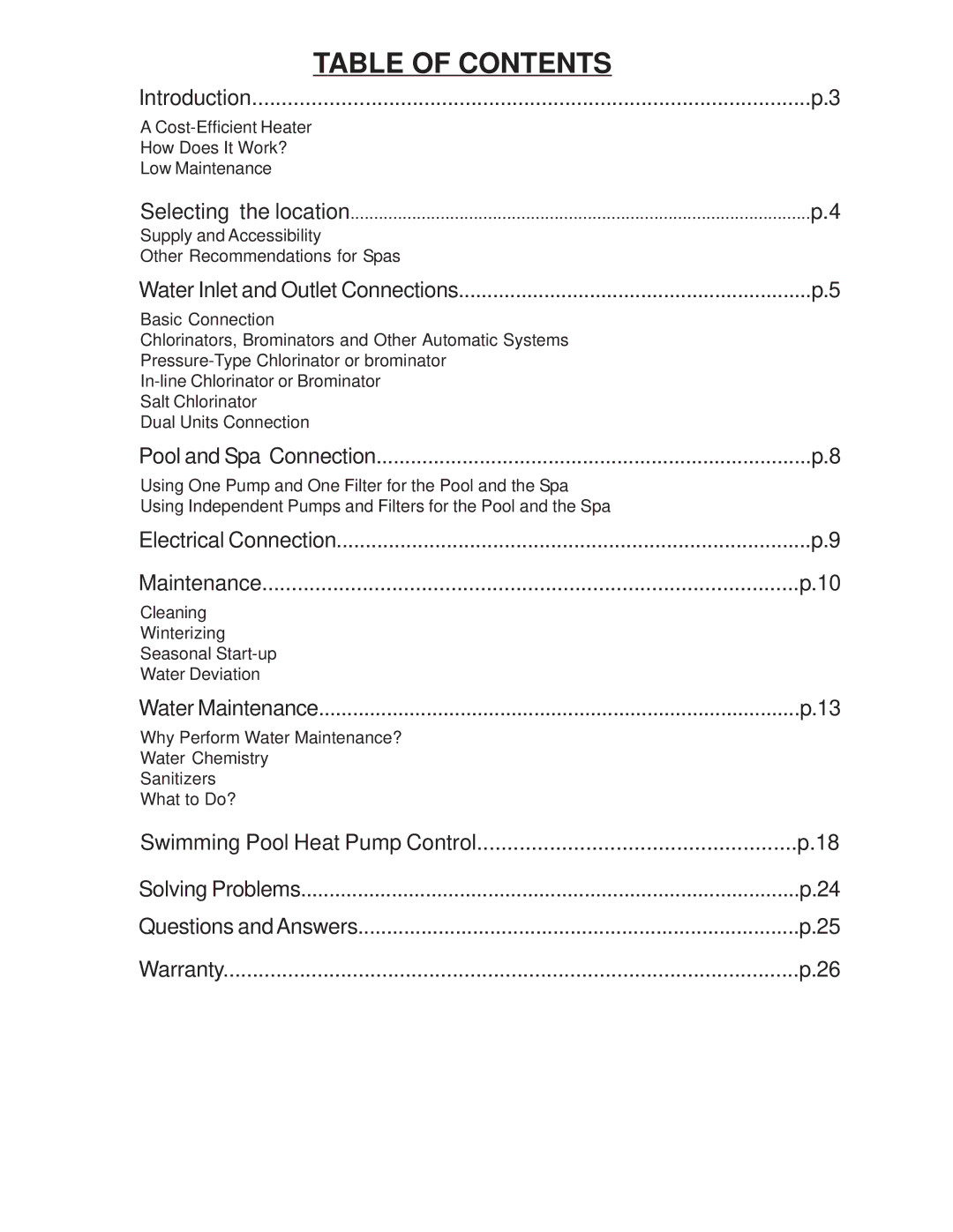 Taylor Pool Heat Pump owner manual Table of Contents 