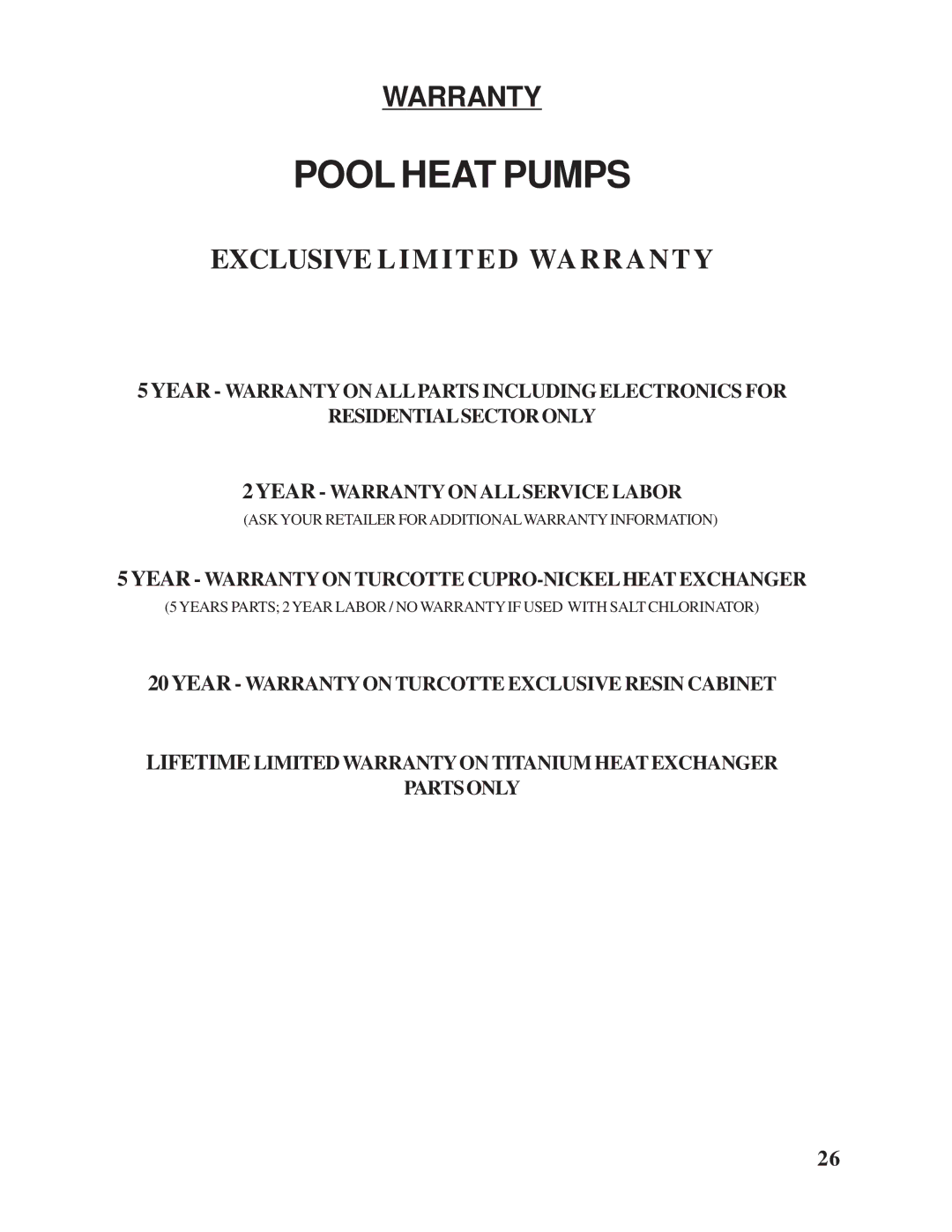 Taylor owner manual Pool Heat Pumps, Warranty 