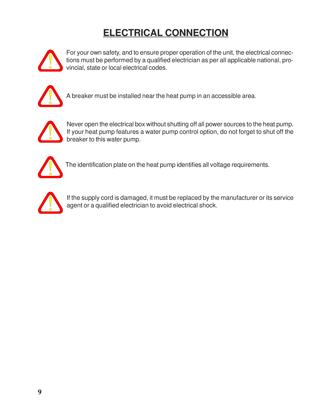 Taylor Pool Heat Pump owner manual Electrical Connection 