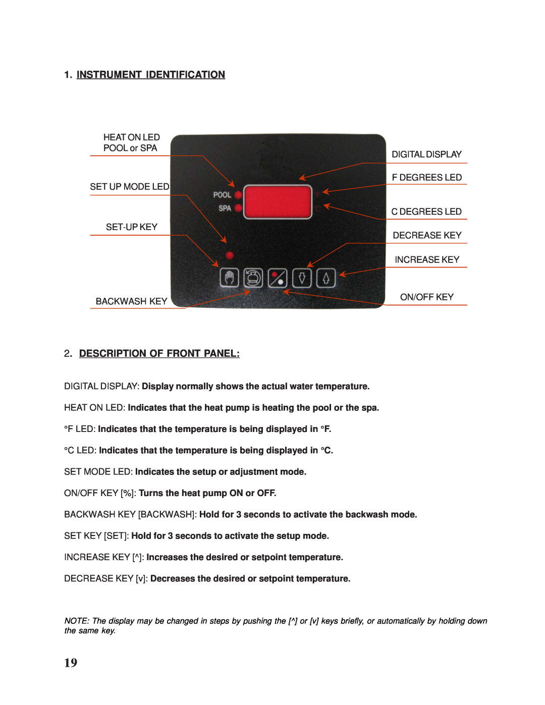 Taylor Pool Heat Pump owner manual Instrument Identification, Description Of Front Panel, Backwash Key, On/Off Key 