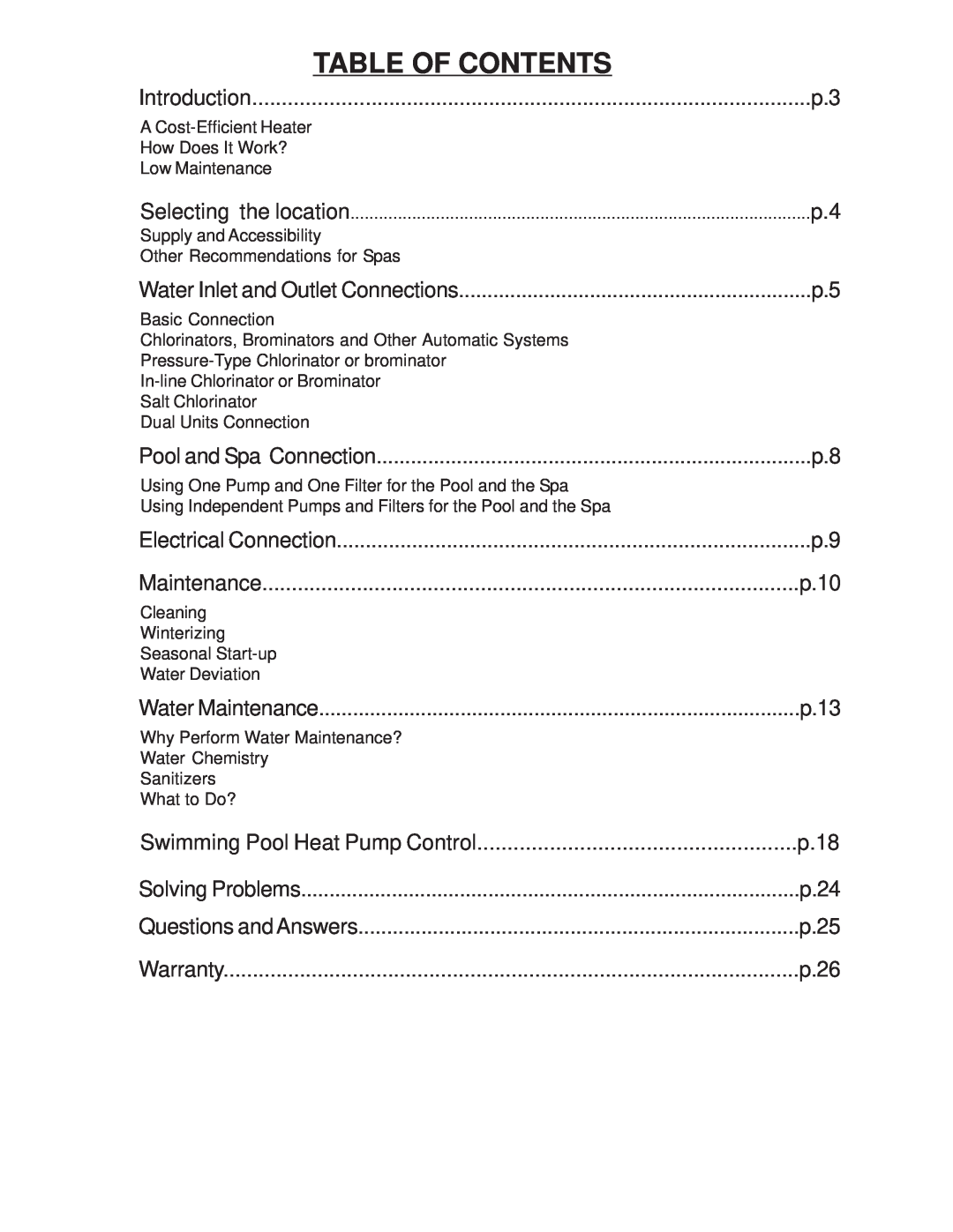Taylor Table Of Contents, Introduction, Maintenance, Swimming Pool Heat Pump Control, p.10, p.13, p.18, p.24, p.25 