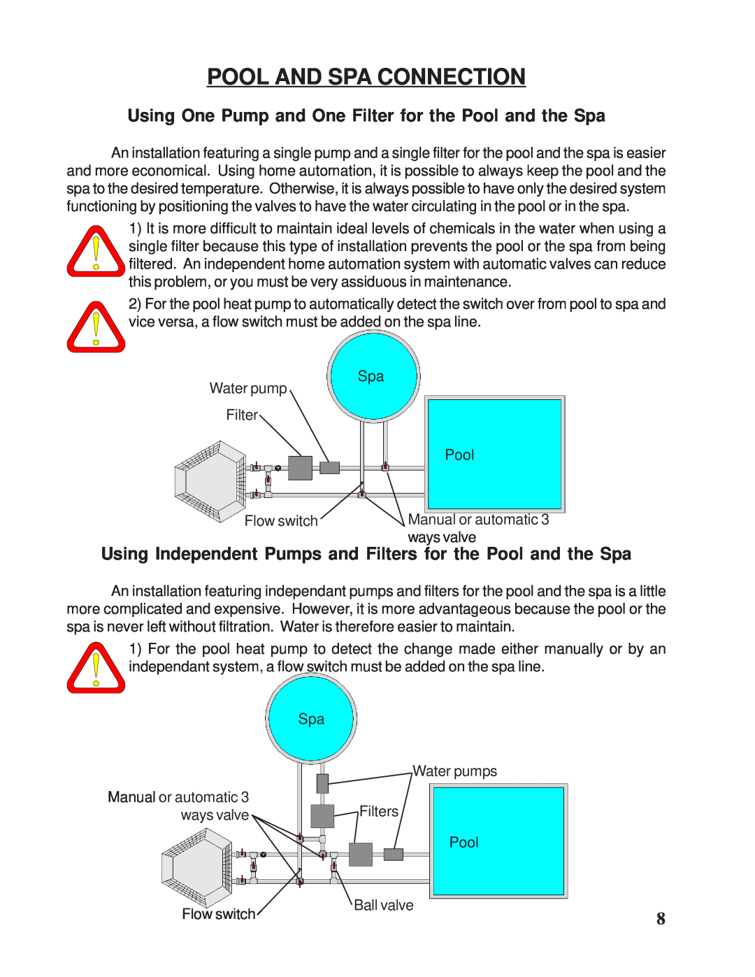 Taylor Pool Heat Pump owner manual Pool And Spa Connection, Using One Pump and One Filter for the Pool and the Spa 