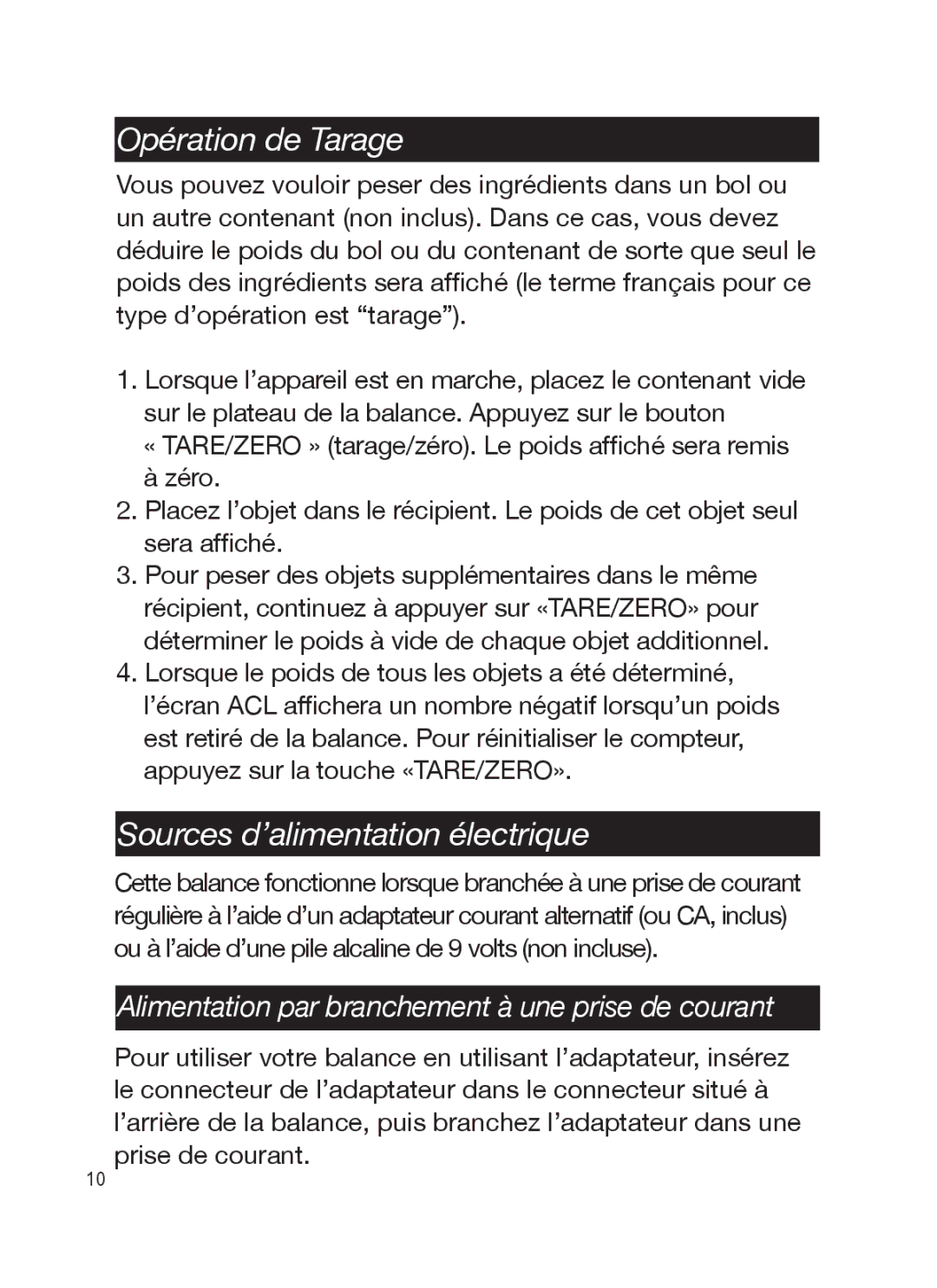 Taylor TE10C, TE32C instruction manual Opération de Tarage, Sources d’alimentation électrique 