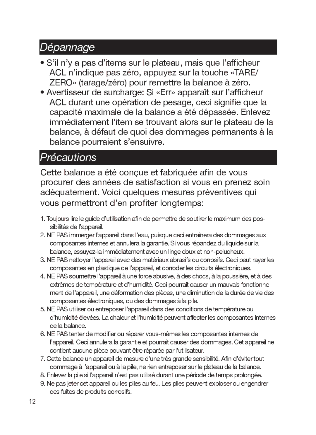 Taylor TE10C, TE32C instruction manual Dépannage, Précautions 