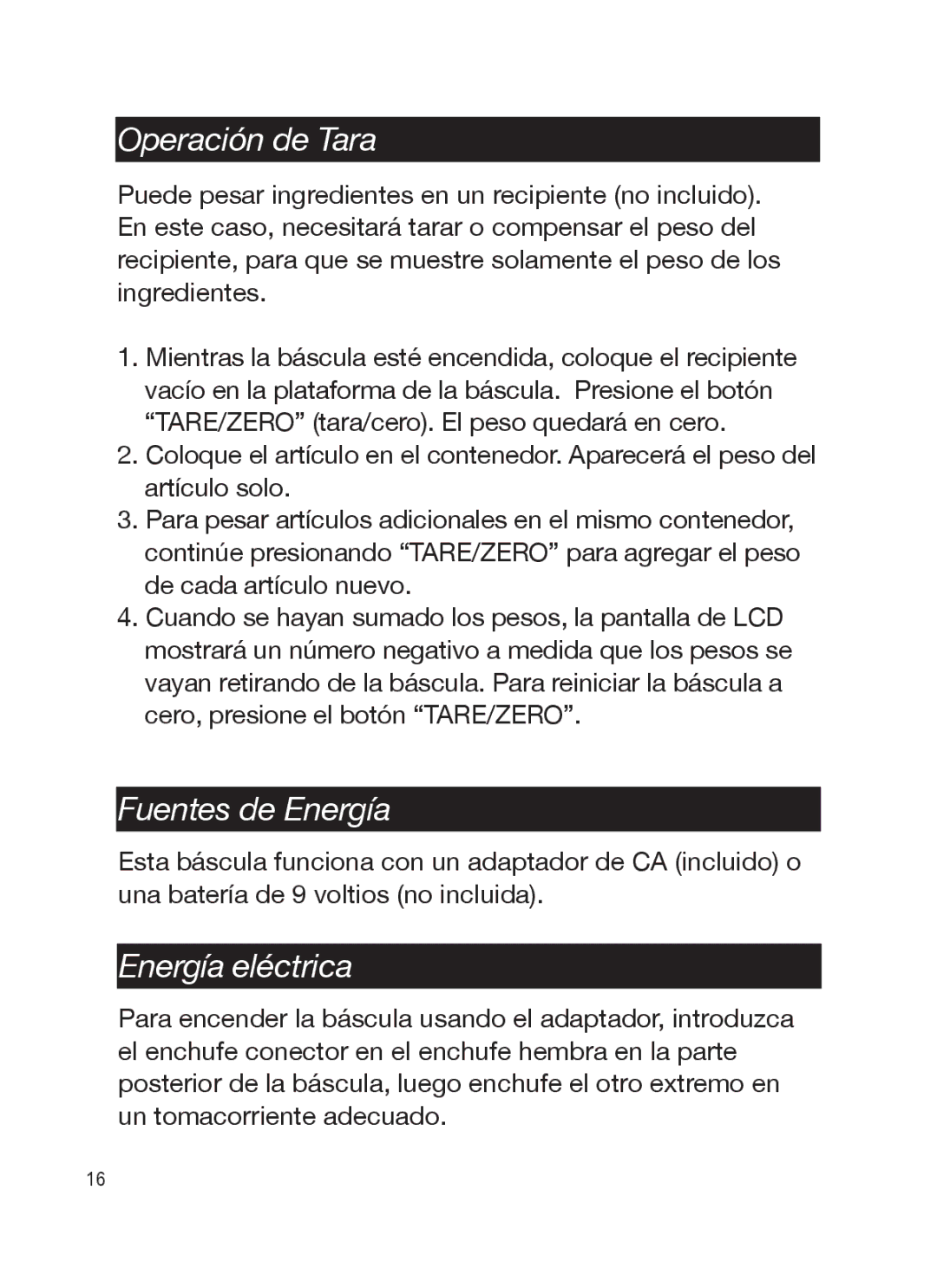 Taylor TE10C, TE32C instruction manual Operación de Tara, Fuentes de Energía, Energía eléctrica 