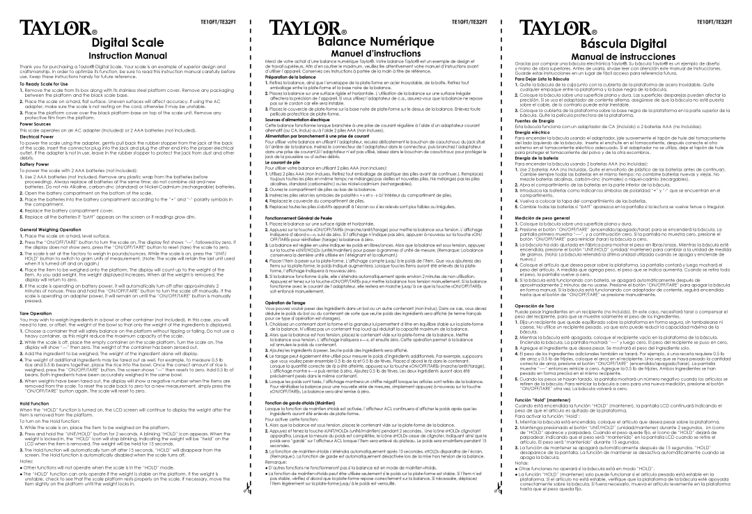 Taylor TE32FT instruction manual To Ready Scale for Use, Power Sources, Electrical Power, Battery Power, Tare Operation 