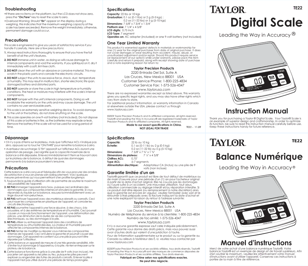 Taylor TE22 instruction manual Troubleshooting Specifications, Precautions, One Year Limited Warranty, Précautions 