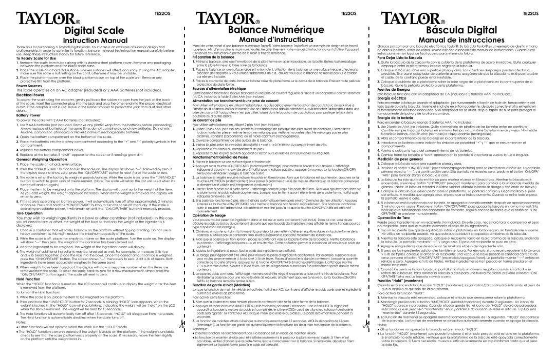 Taylor TE22OS instruction manual To Ready Scale for Use, Power Sources, Electrical Power, Battery Power, Tare Operation 