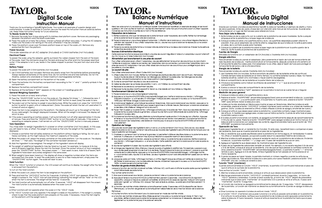Taylor TE22OS instruction manual Digital Scale, Balance Numérique, Báscula Digital, Instruction Manual 