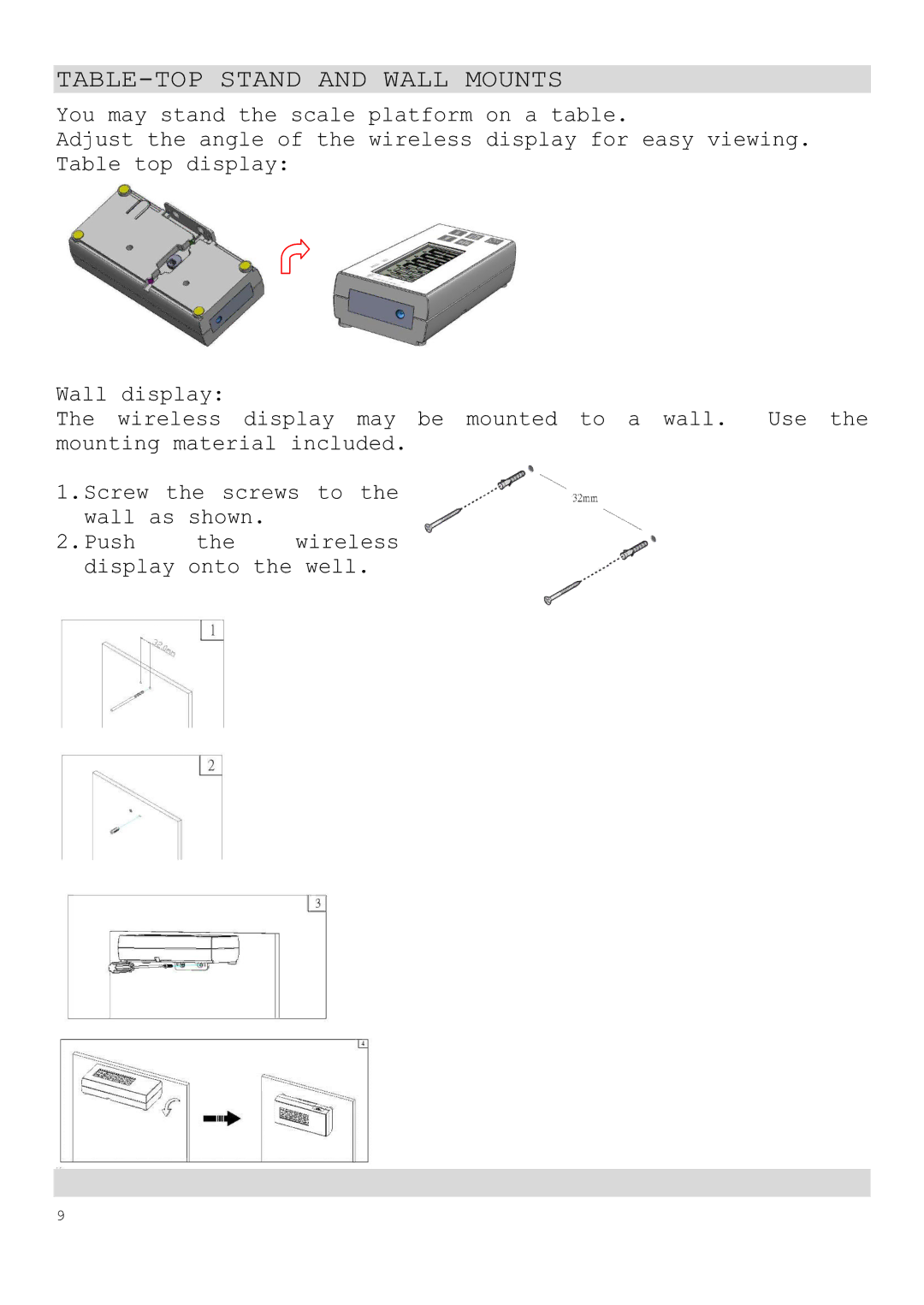 Taylor TE30WD instruction manual TABLE-TOP Stand and Wall Mounts 