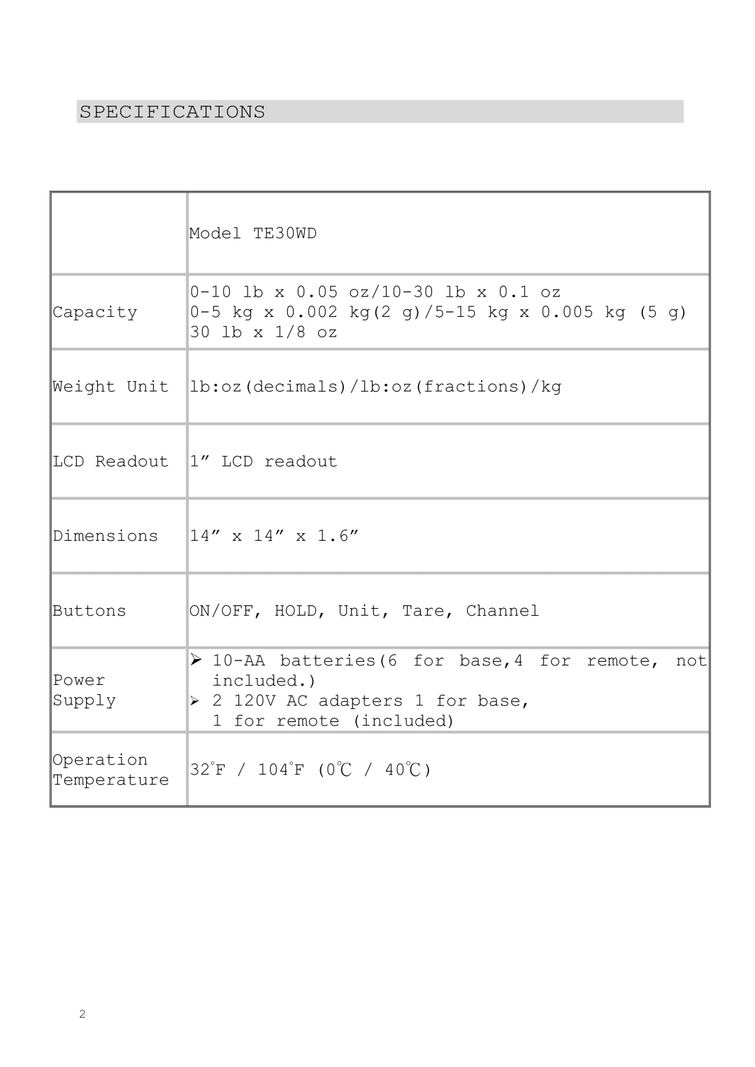 Taylor TE30WD instruction manual Specifications 