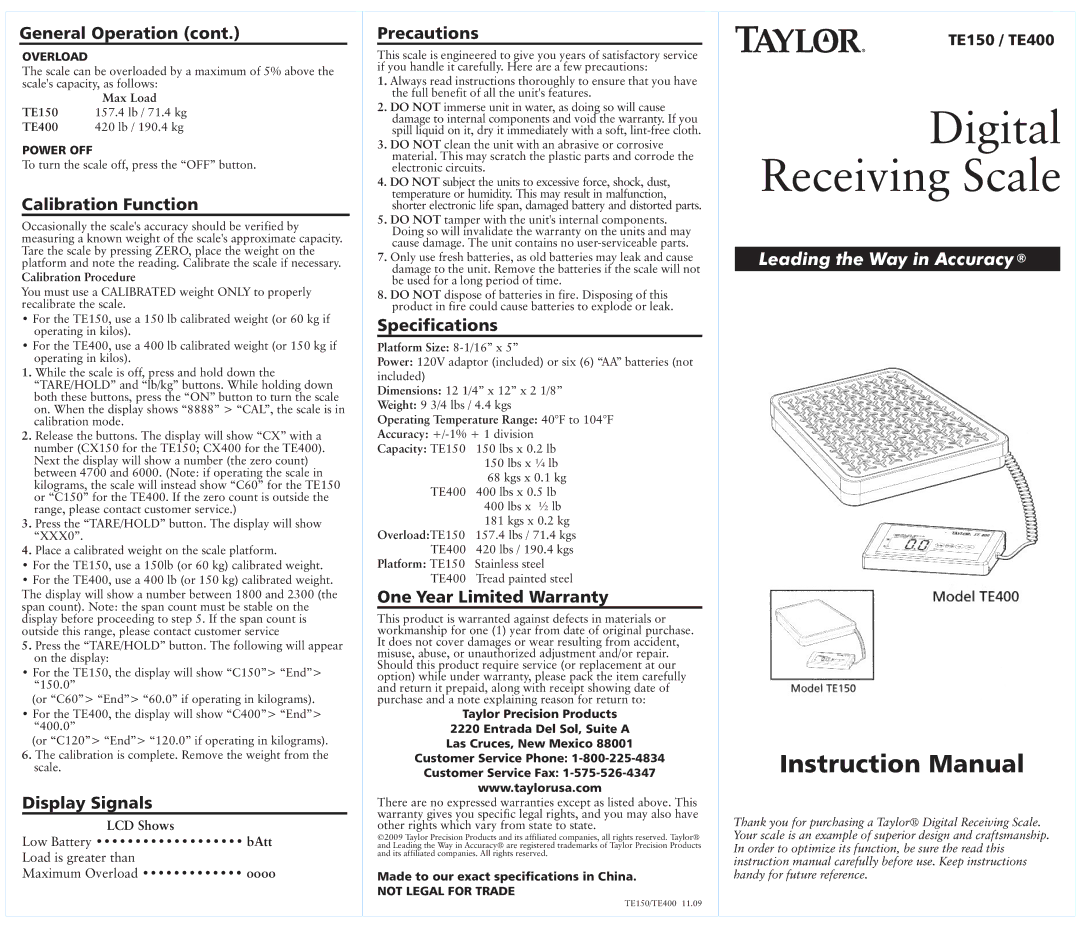 Taylor TE150 instruction manual General Operation, Calibration Function, Display Signals, Precautions, Specifications 