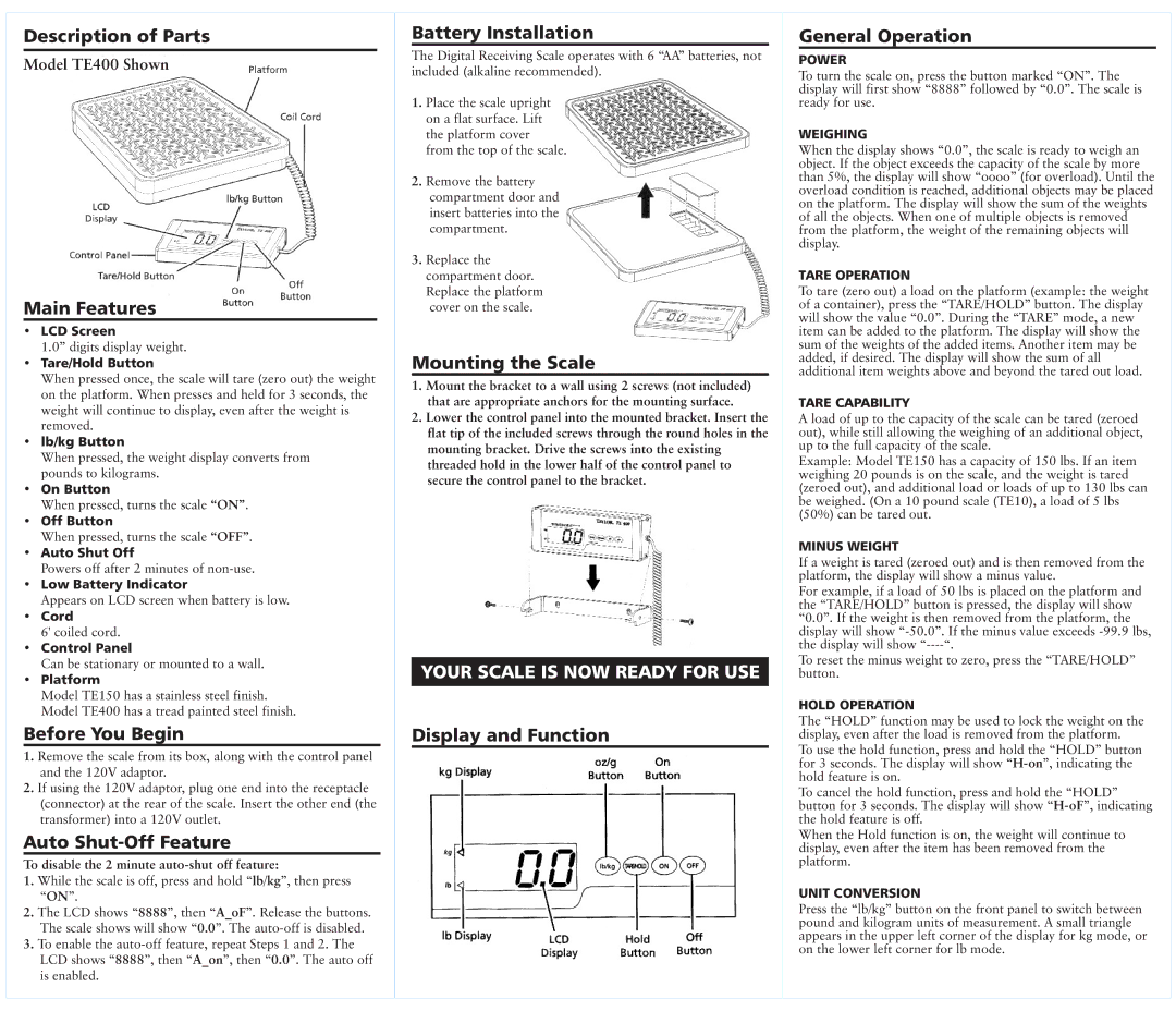 Taylor TE400, TE150 Description of Parts, Main Features, Before You Begin, Auto Shut-Off Feature, Battery Installation 