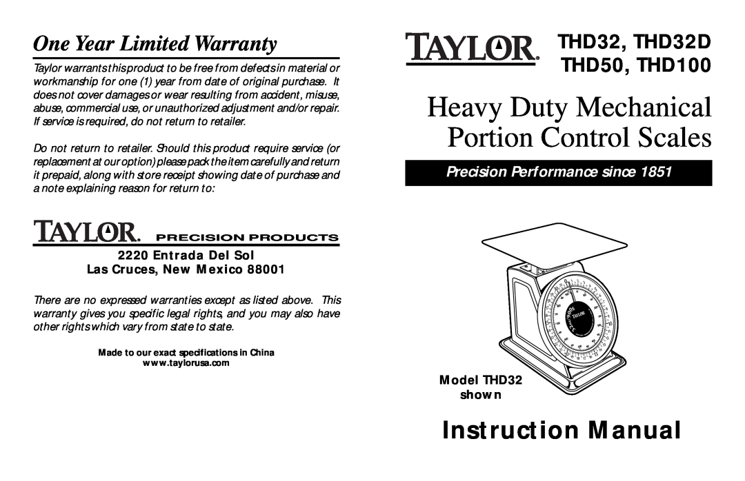 Taylor THD100 instruction manual Heavy Duty Mechanical Portion Control Scales, Instruction Manual, Model THD32 shown 