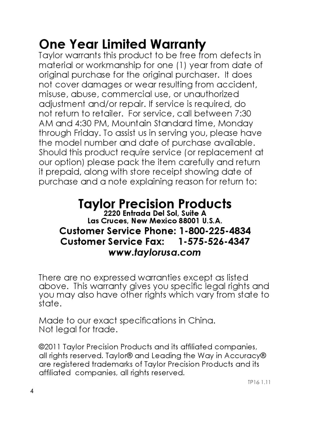 Taylor TP16FF, TP32 instruction manual One Year Limited Warranty, Taylor Precision Products 