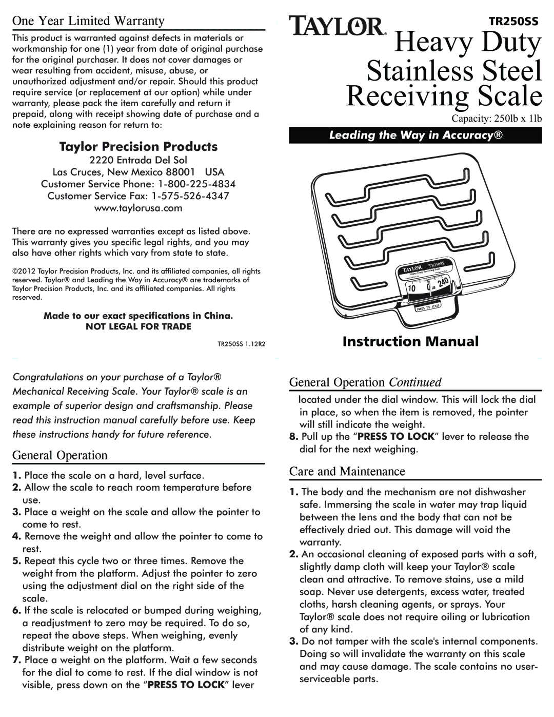 Taylor TR250SS instruction manual Heavy Duty Stainless Steel Receiving Scale, One Year Limited Warranty, General Operation 