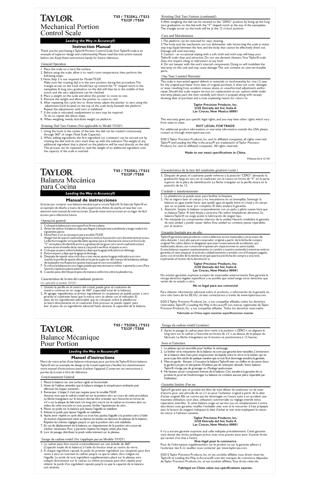 Taylor TS50, TS32F, TS25KL instruction manual Mechanical Portion Control Scale, Balanza Mecánica para Cocina 