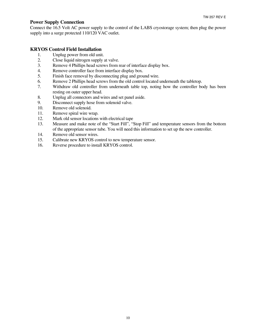 Taylor TW-357 manual Power Supply Connection, Kryos Control Field Installation 