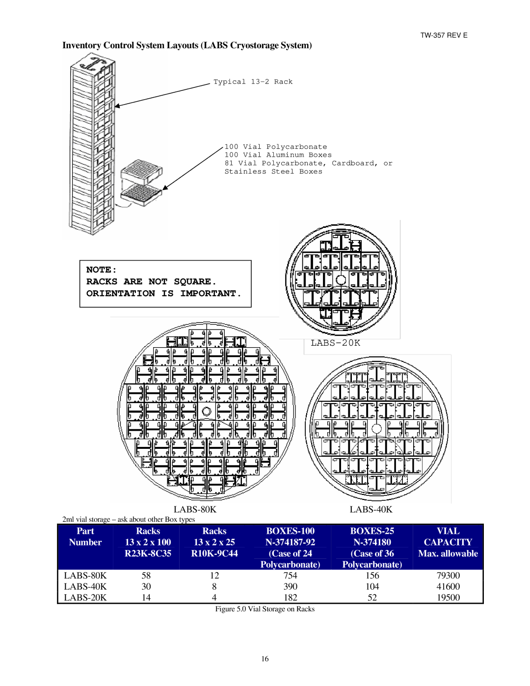 Taylor TW-357 Racks are not Square Orientation is Important, Inventory Control System Layouts Labs Cryostorage System 